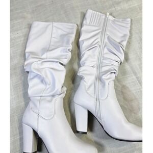 Compassion White Slouchy Knee High Block Heel Boots Pointed Toe F31556 Size 6.5M
